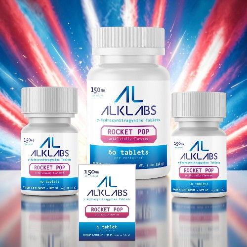 Bottles and packaging of ALKLABS Rocket Pop dietary supplement with colorful background.
