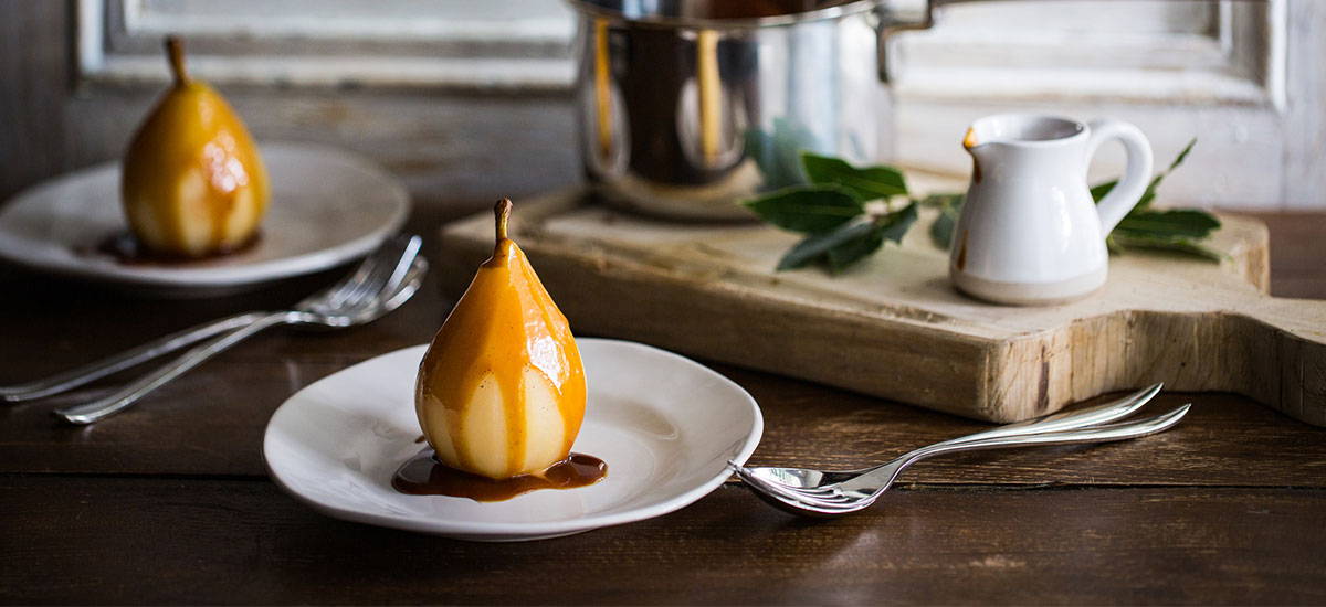 Poached Pears with Bay Salted Caramel