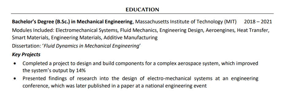 Mechanical Engineer Graduate's CV Education Section