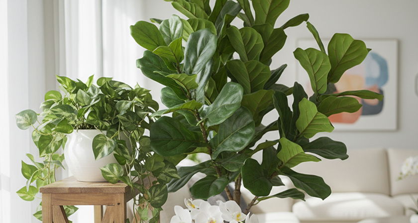 Indoor decor with Fiddle Leaf Fig and Pothos in a white ceramic pot on a wooden stand.
