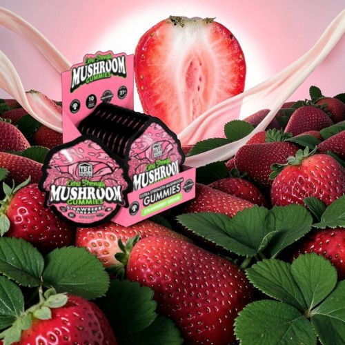 Strawberries with mushroom product packaging in a vibrant setting.