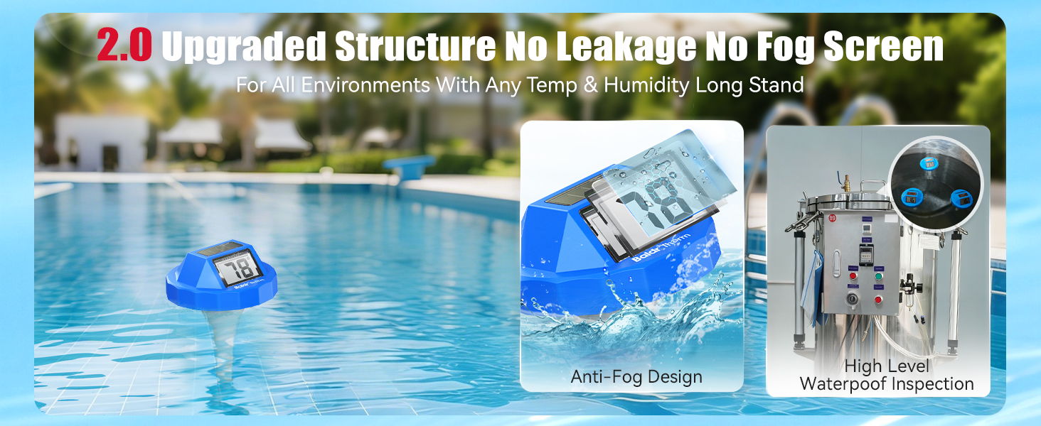 Swimming pool with a floating device and product features displayed.