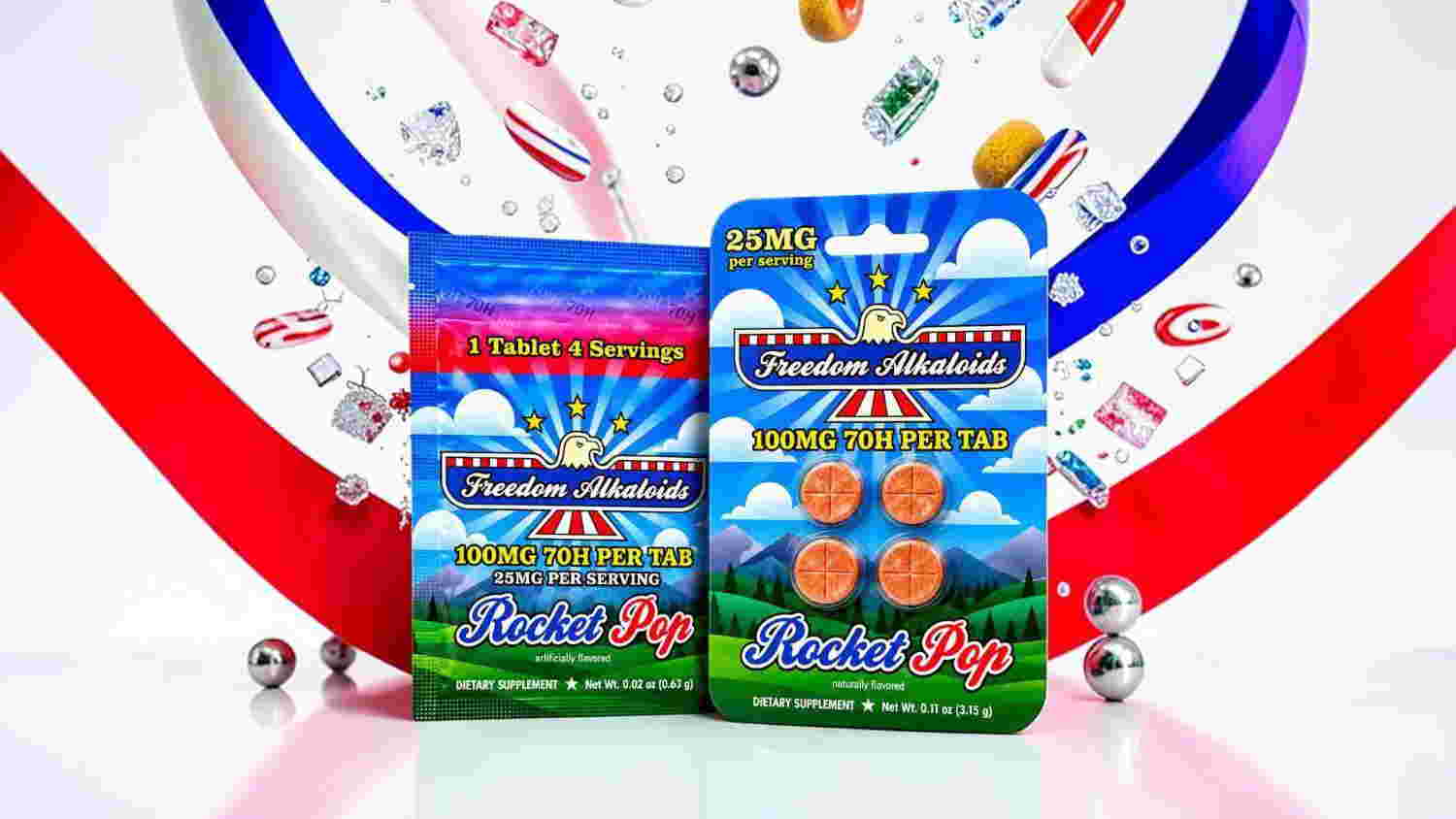 Two packages of candy with colorful background and festive decorations.