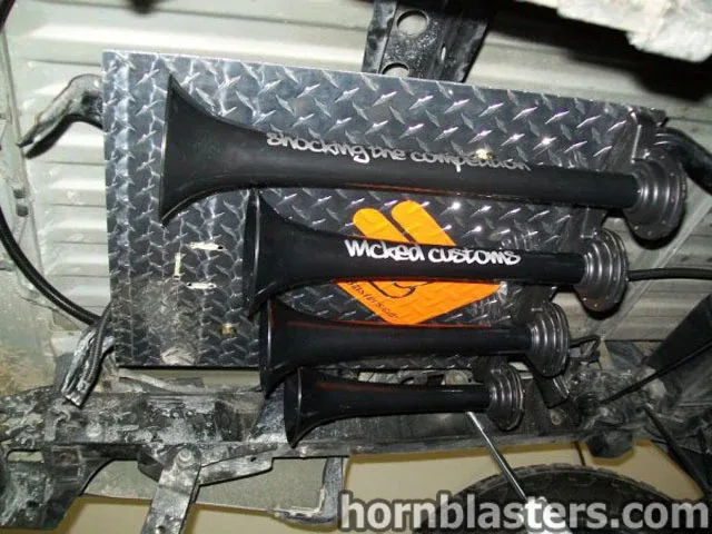 Four black train horns diamond plate Shocking the competition Wicked Customs HornBlasters sticker undercarriage Wicked Customs 232 gallery photo 3