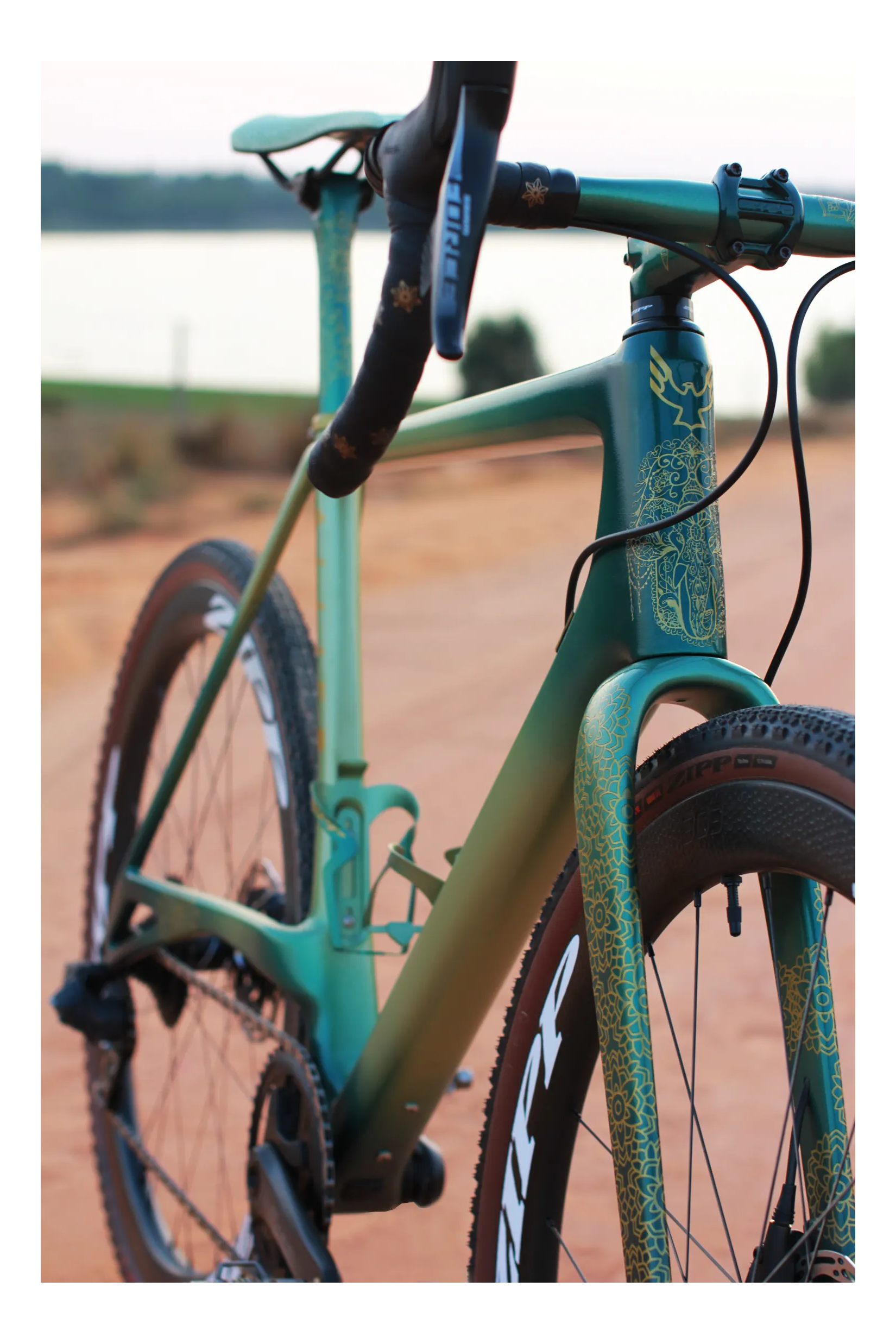 A close up of  green bike  frame with custom  a gold pattern