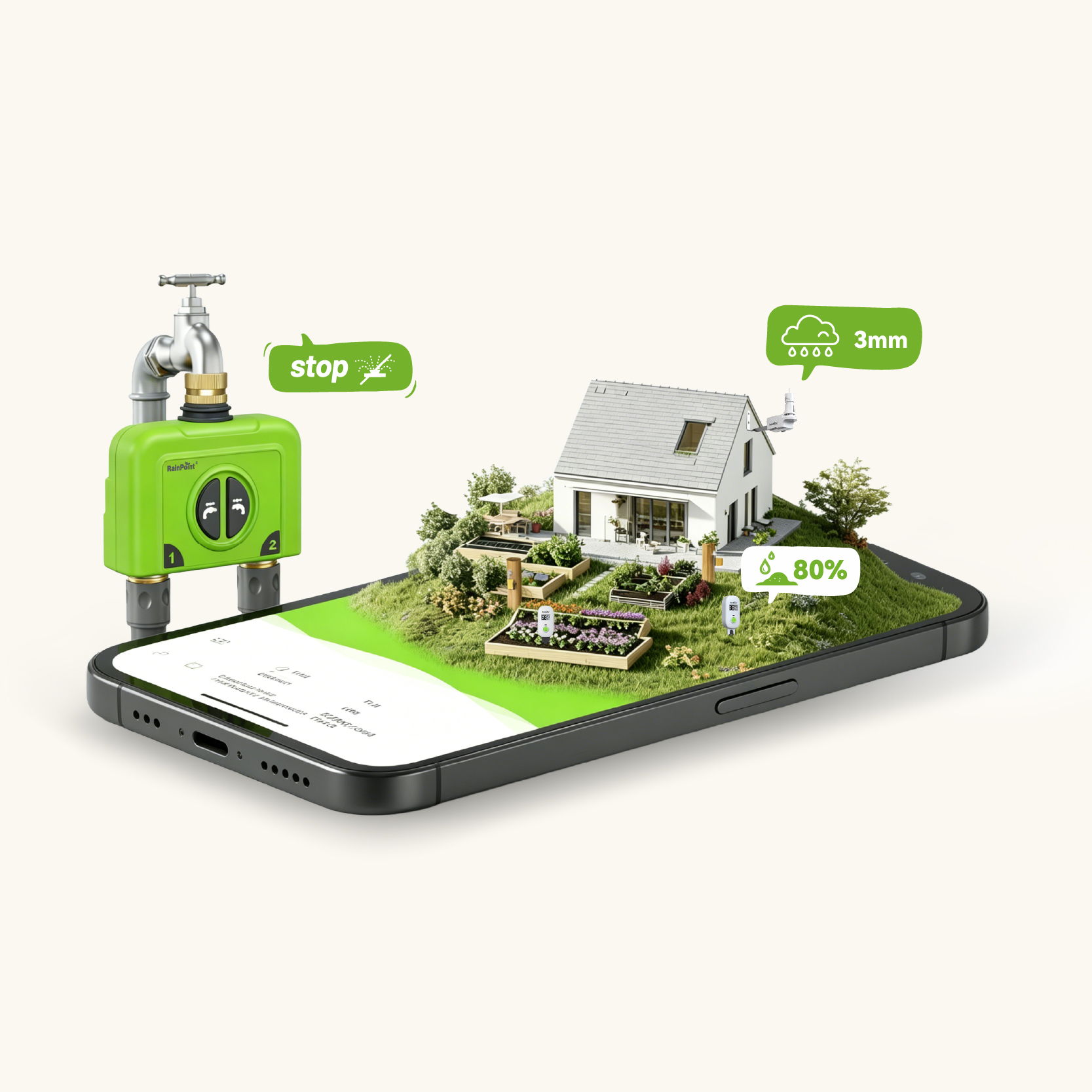 Smartphone displaying a miniature house with green energy features and data indicators.