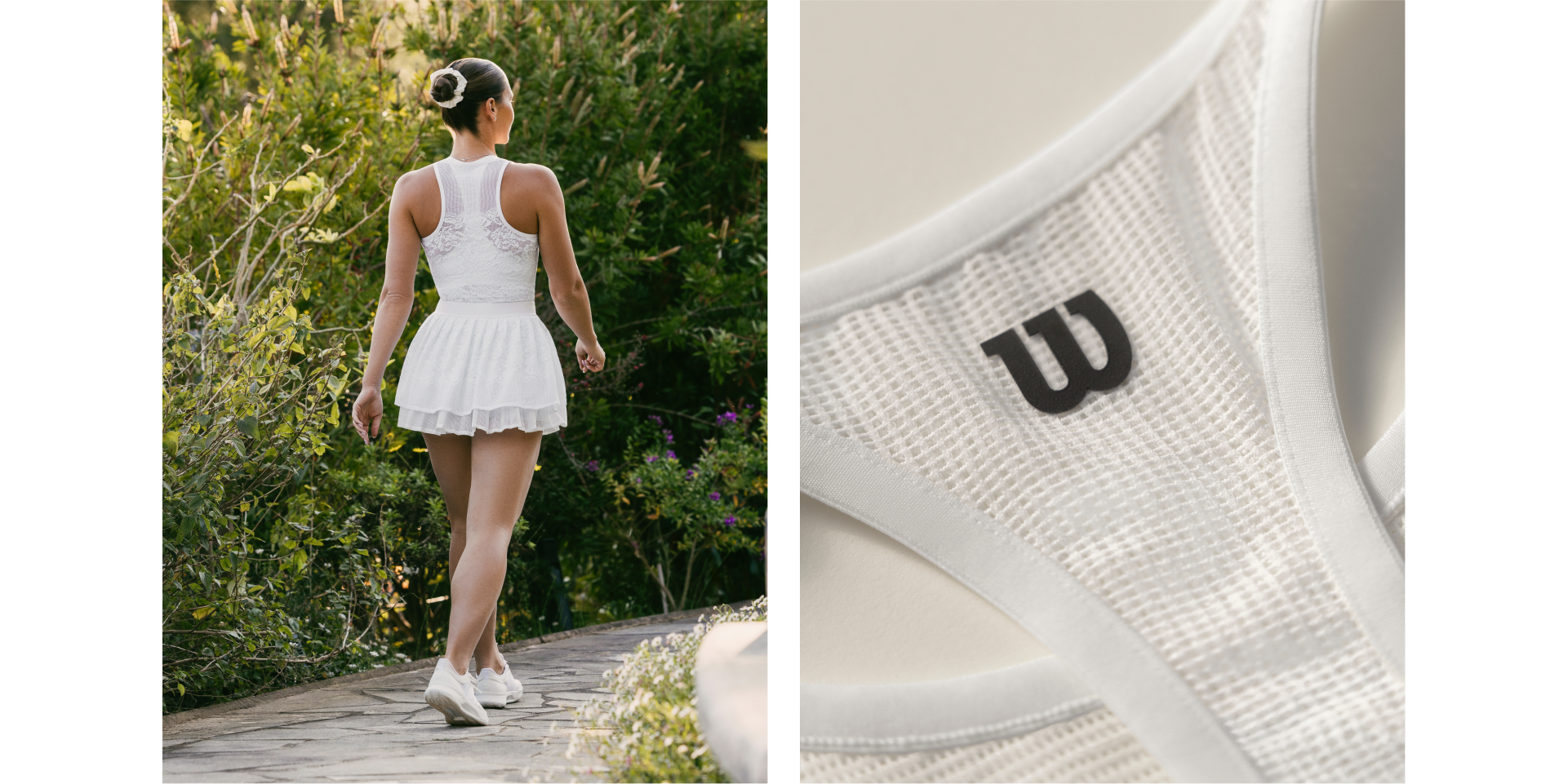 A woman in a white dress walking outdoors, close-up of shoe detail.