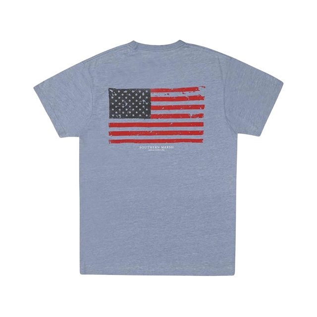 Gray t-shirt with a red and blue American flag design on the back.
