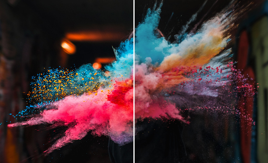 Colorful explosion of powder in vibrant hues against a dark background.