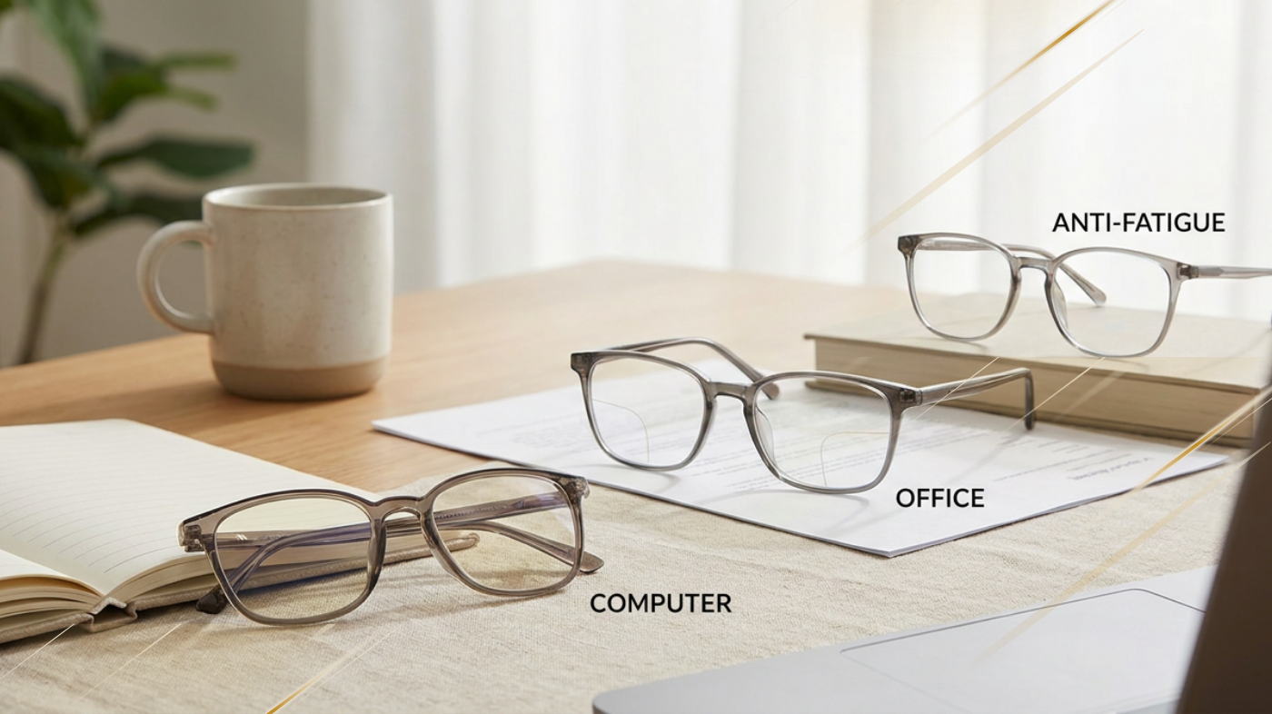 Editorial visual for the section: Office Lenses vs. Computer Glasses vs. Anti-Fatigue Lenses