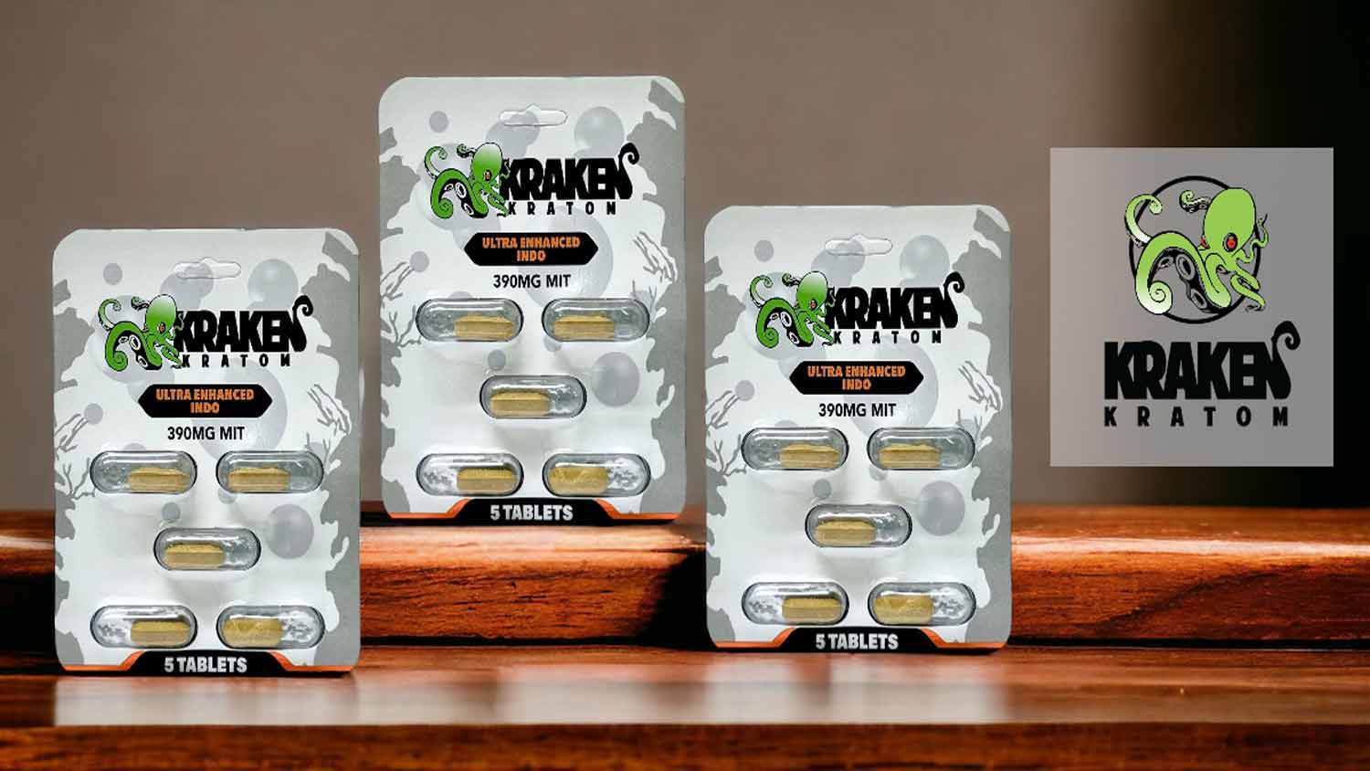 Kraken Kratom Chewable Tablets Ultra Enhanced Indo Blister Pack 5ct 390mg