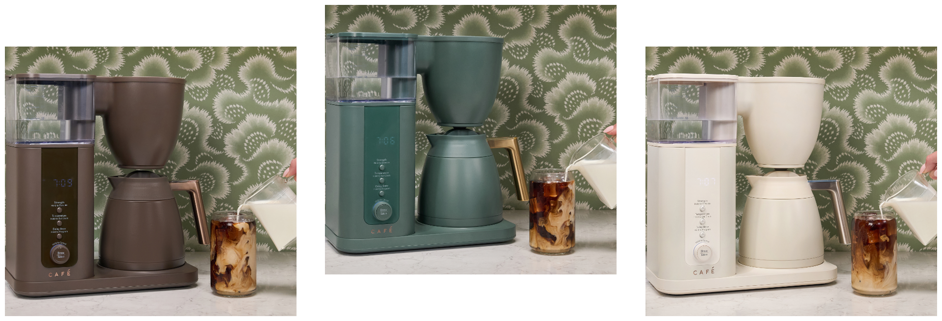 Three coffee makers in brown, green, and white against a patterned background.