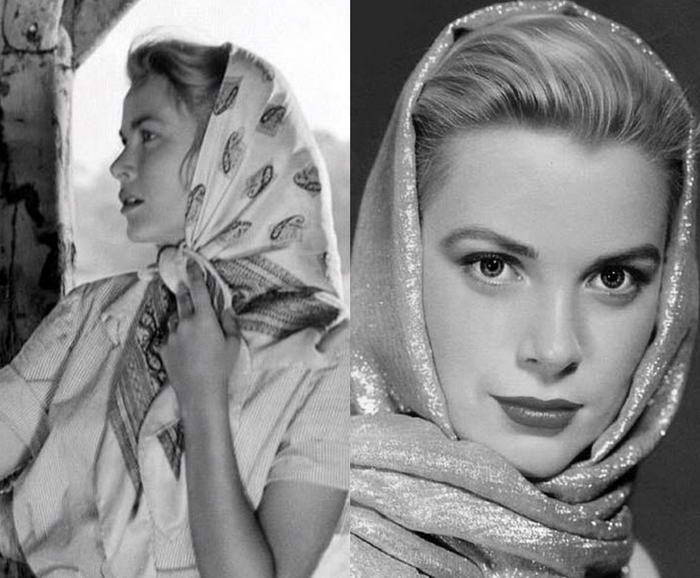 American Actress Grace Kelly wearing a headscarf and wrapping it under her chin