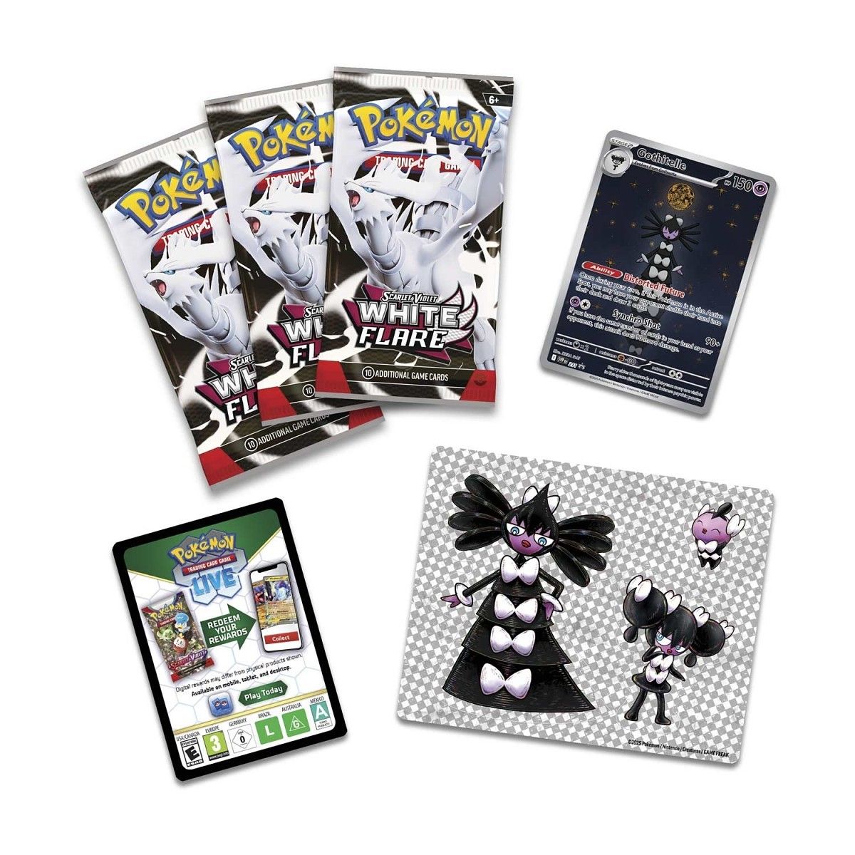 Pokémon tech stickers and trading cards, game guide, and collectible figures displayed on a white background.