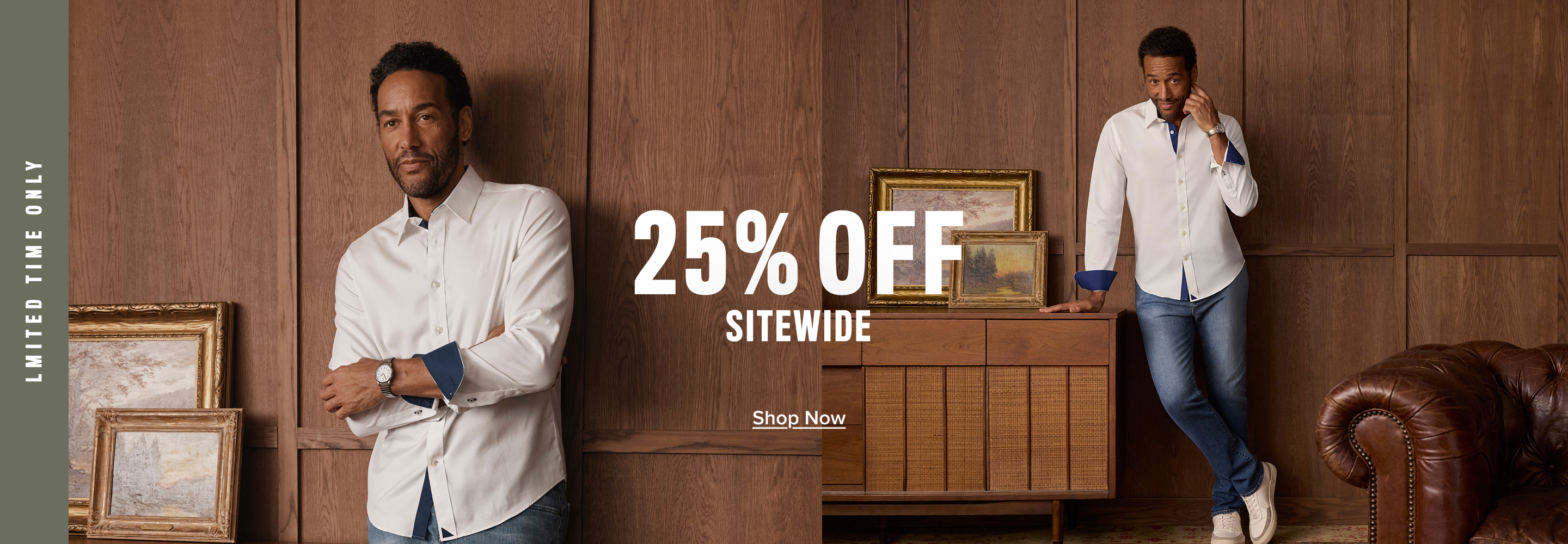 Man in white shirt promoting 25% off on clothing in stylish setting.
