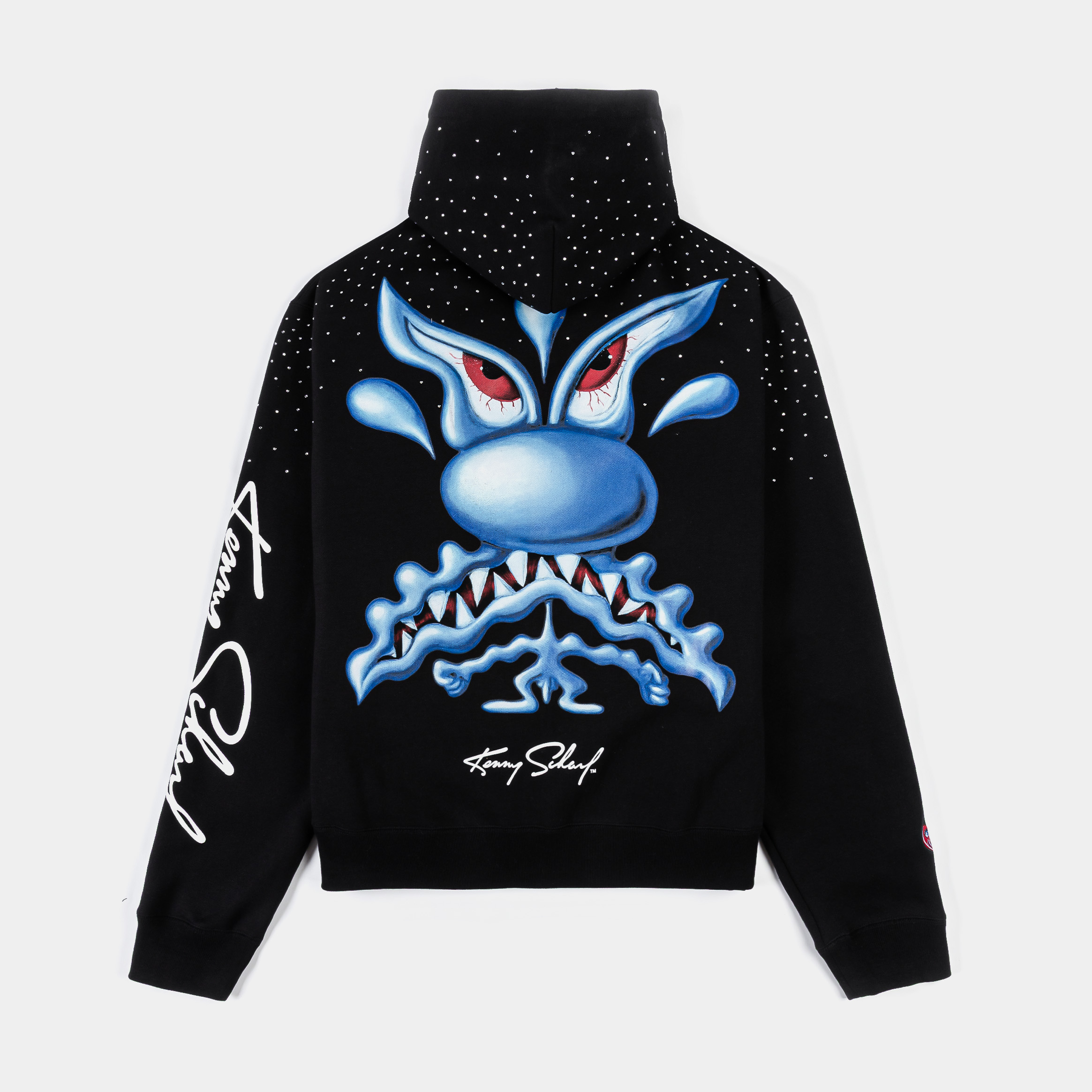 Black hoodie with colorful graphic design on the front and patterned hood.