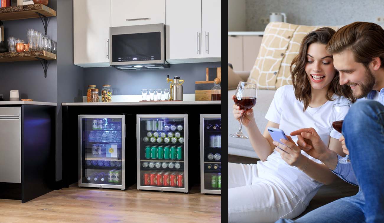  Side by side image of a finished basement area featuring a Haier small-space dishwasher, three under-counter beverage centers and an over-the-counter microwave oven. Happy couple sitting, relaxing on the floor at home enjoying a romantic date drinking red wine.