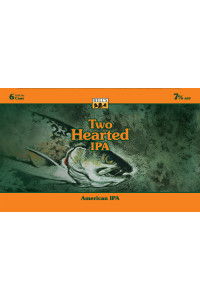 Label for Two Hearted IPA beer with fish illustration and orange background.