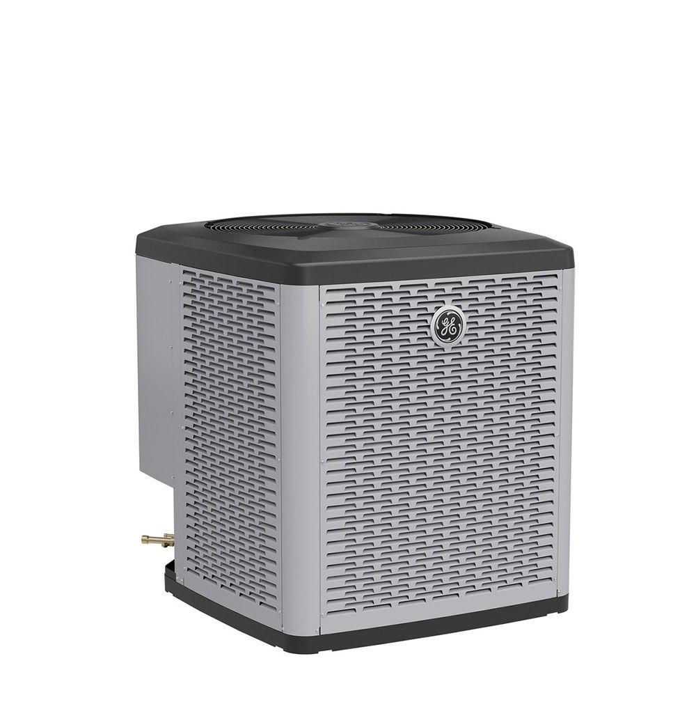 GE Appliances air conditioning unit with a metallic exterior and a black top.