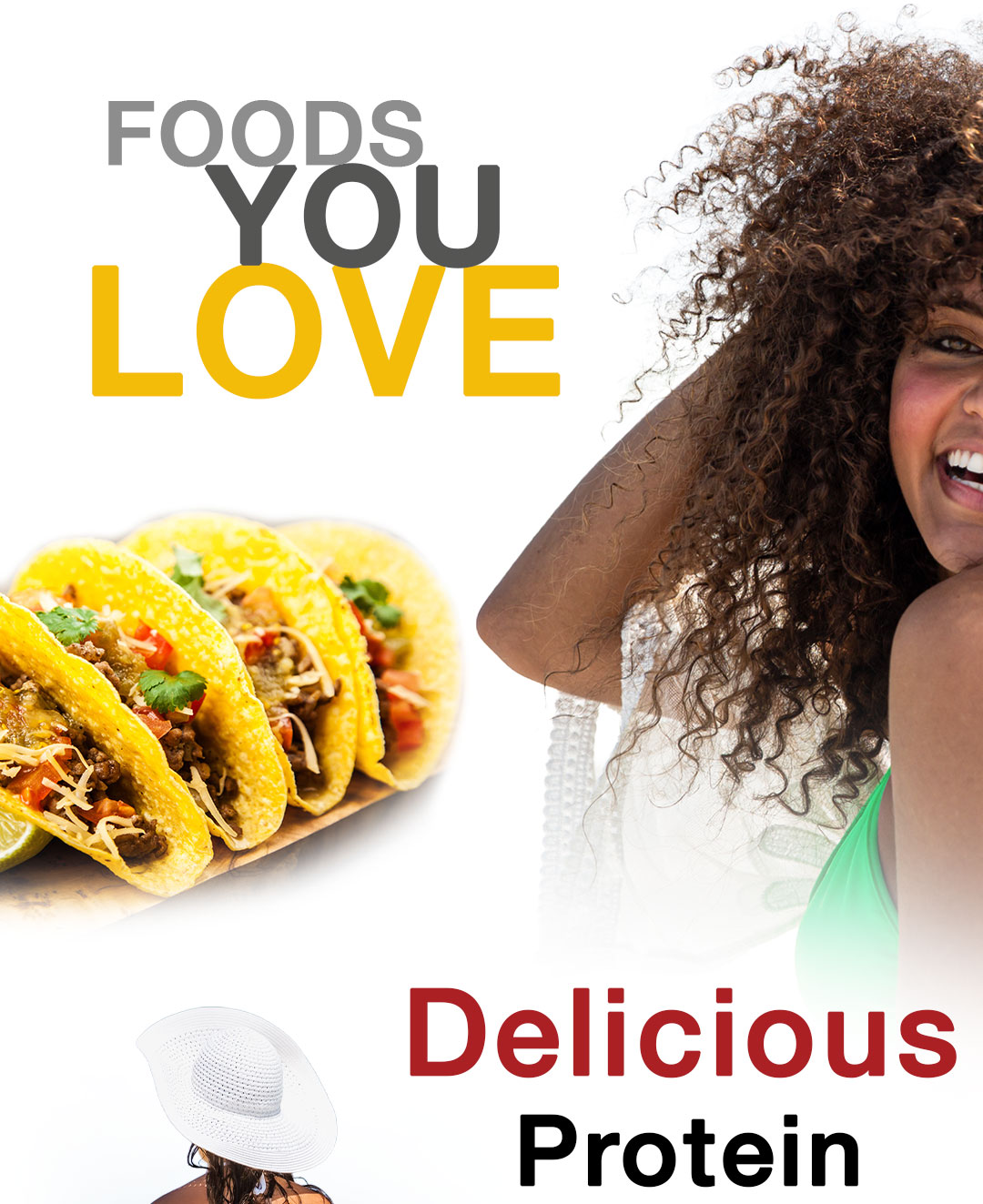 A woman smiles next to tacos, with text about favorite foods and protein.