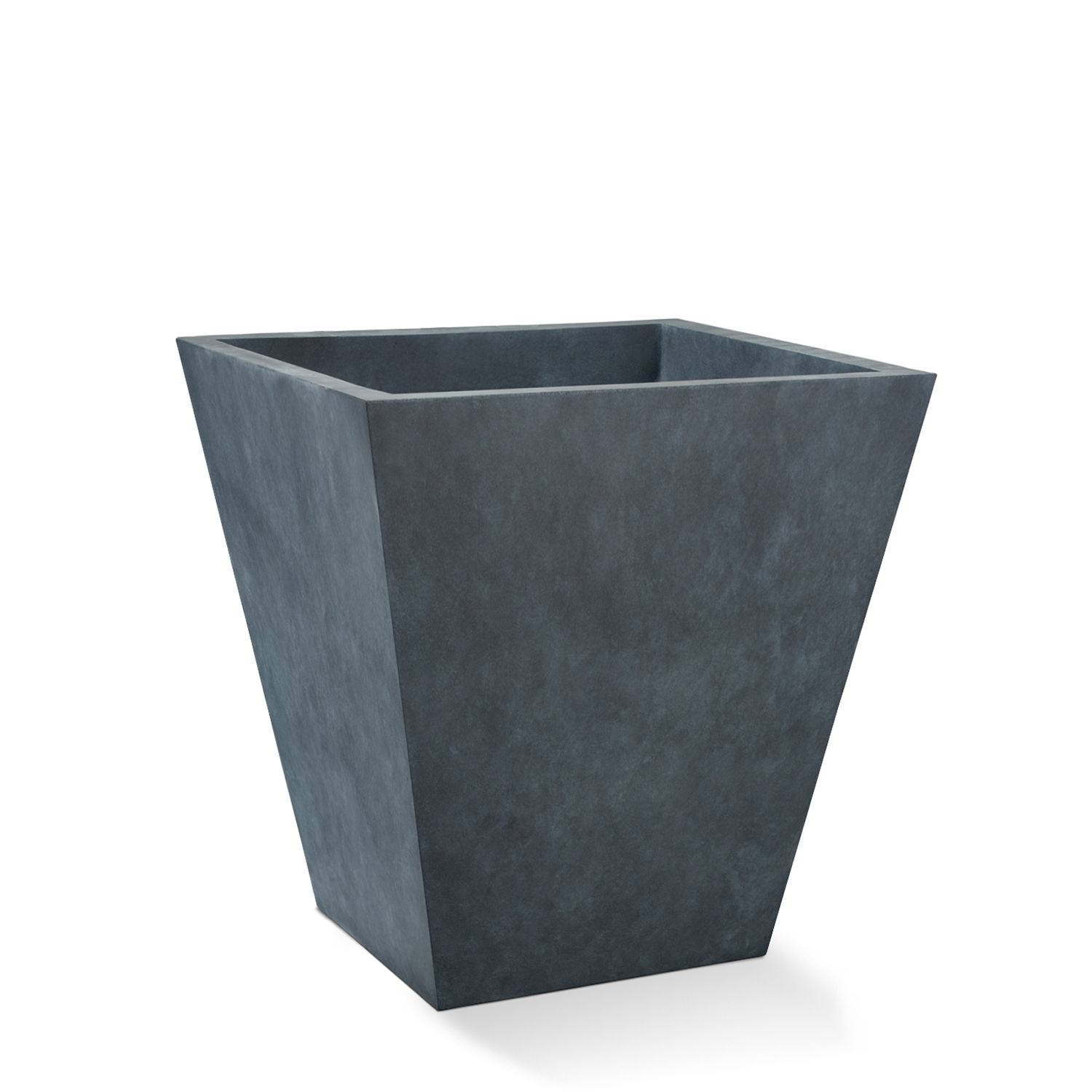 A dark, modern, angular planter with an open top.