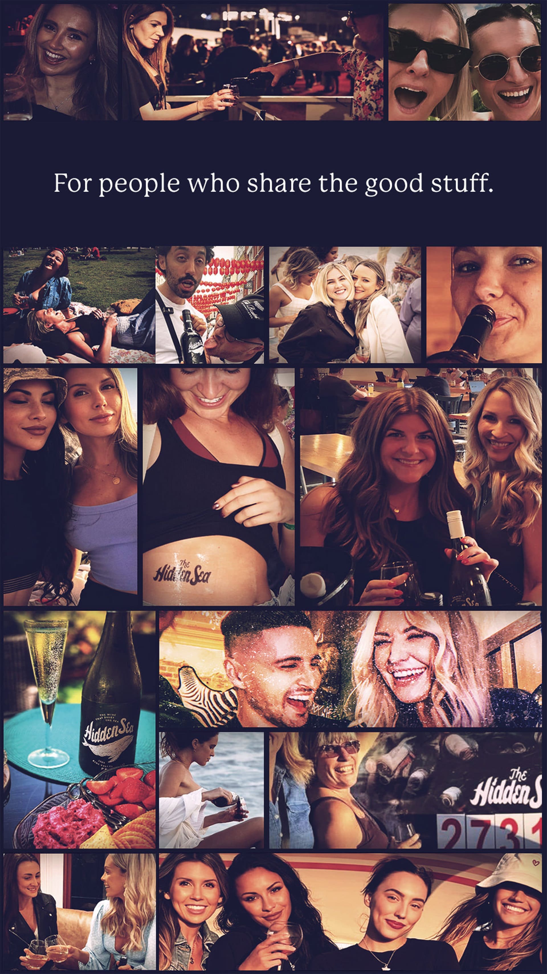 Photo mosaic of friends and social moments with the caption “For people who share the good stuff.”