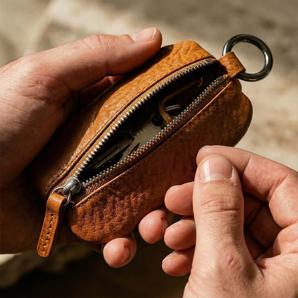 Ein Mann hält ein Schlüsseletui aus Leder von Good Wilhelm in der Hand