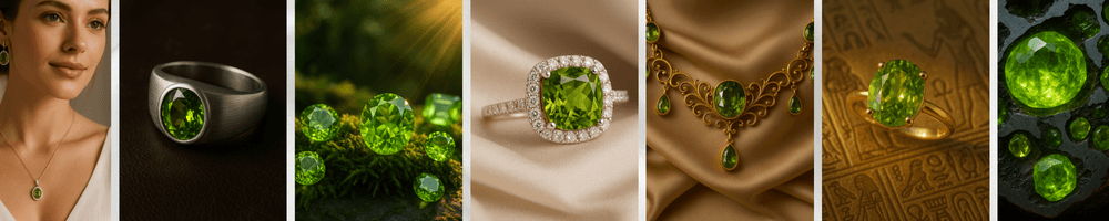 collage of peridot guide images showing woman wearing peridot necklace and earrings, peridot rings, loose gemstones, peridot necklace set, and historical background with peridot jewelry