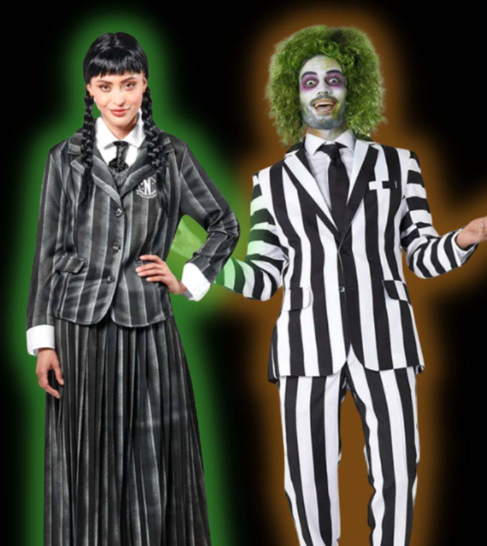 Woman in Wednesday Addams uniform costume and man in Beetlejuice costume. Shop all horror movie costumes.