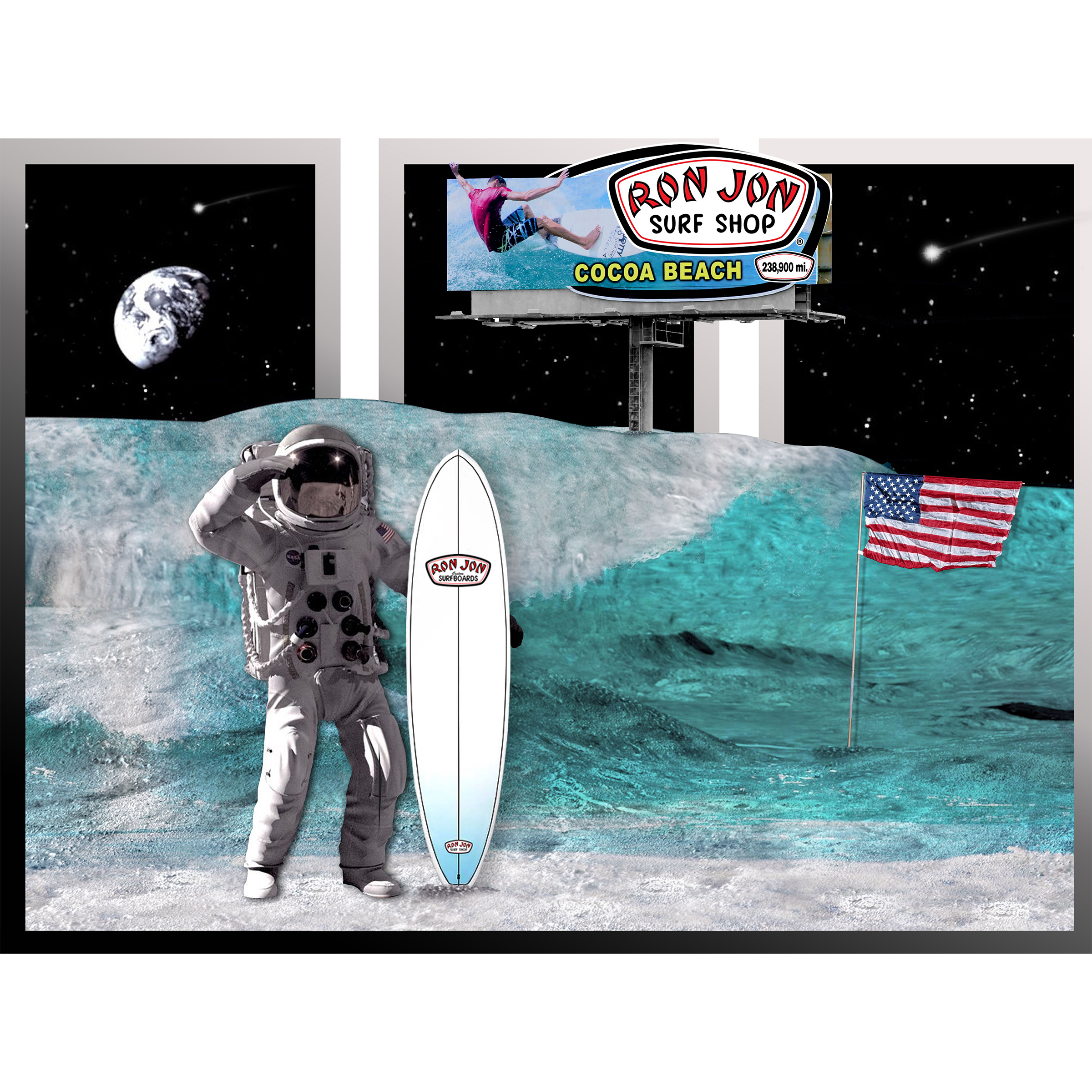 ron jon surf shop moon landing surf man tri panel shirt design