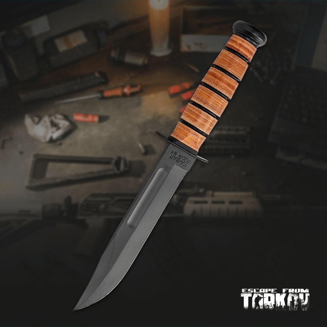 A tactical knife with an orange handle against a dark background.