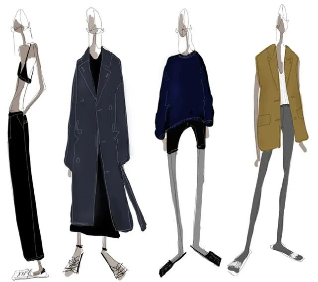 Stylized fashion illustrations of four characters wearing various outfits.