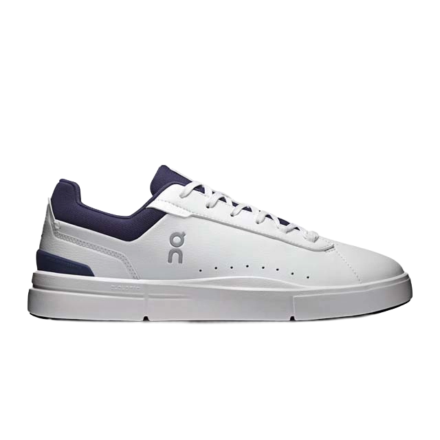 White athletic shoe with navy accents and logo.