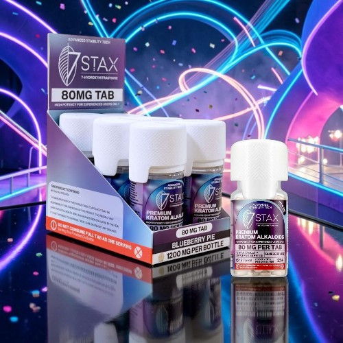 Bottles of 7 Stax product with colorful background and packaging.
