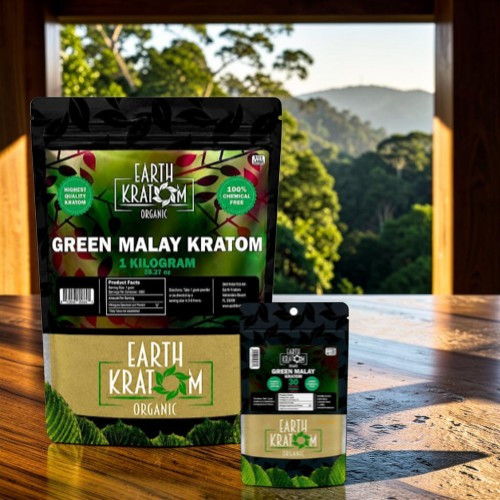Bags of Green Malay Kratom on a wooden table with a scenic background.
