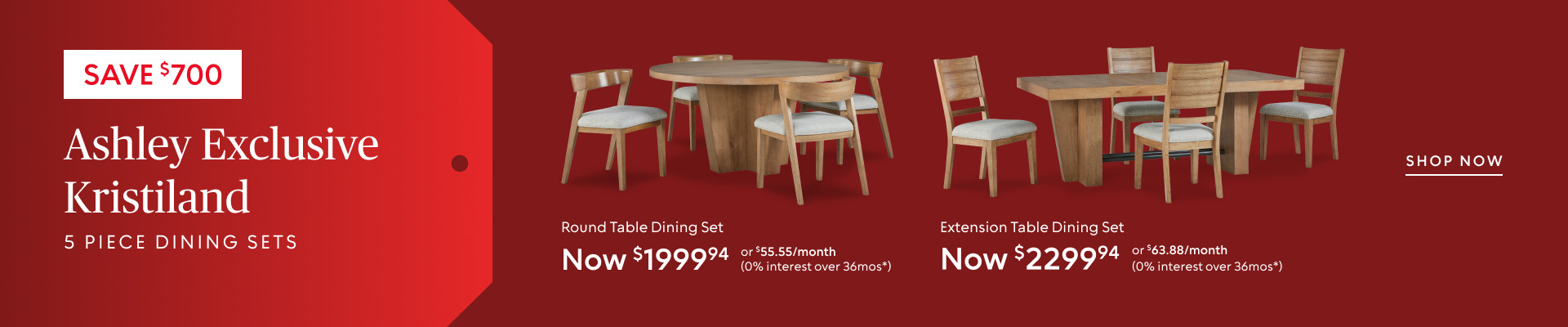 Save $700 on Kristiland five-piece dining sets, now $1,999.94 or $2,299.94.