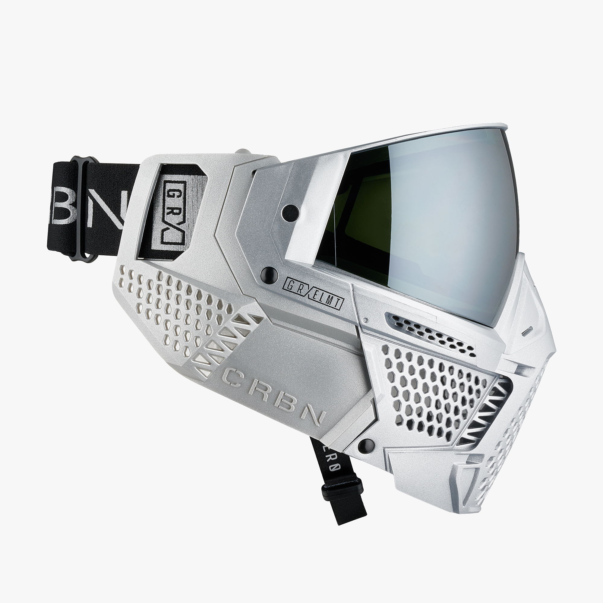 Silver paintball mask with adjustable strap.