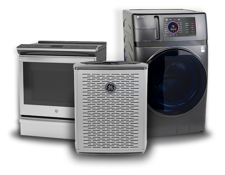 group of GE Appliances products including an induction range, an HVAC unit and the Combo Laundry unit.