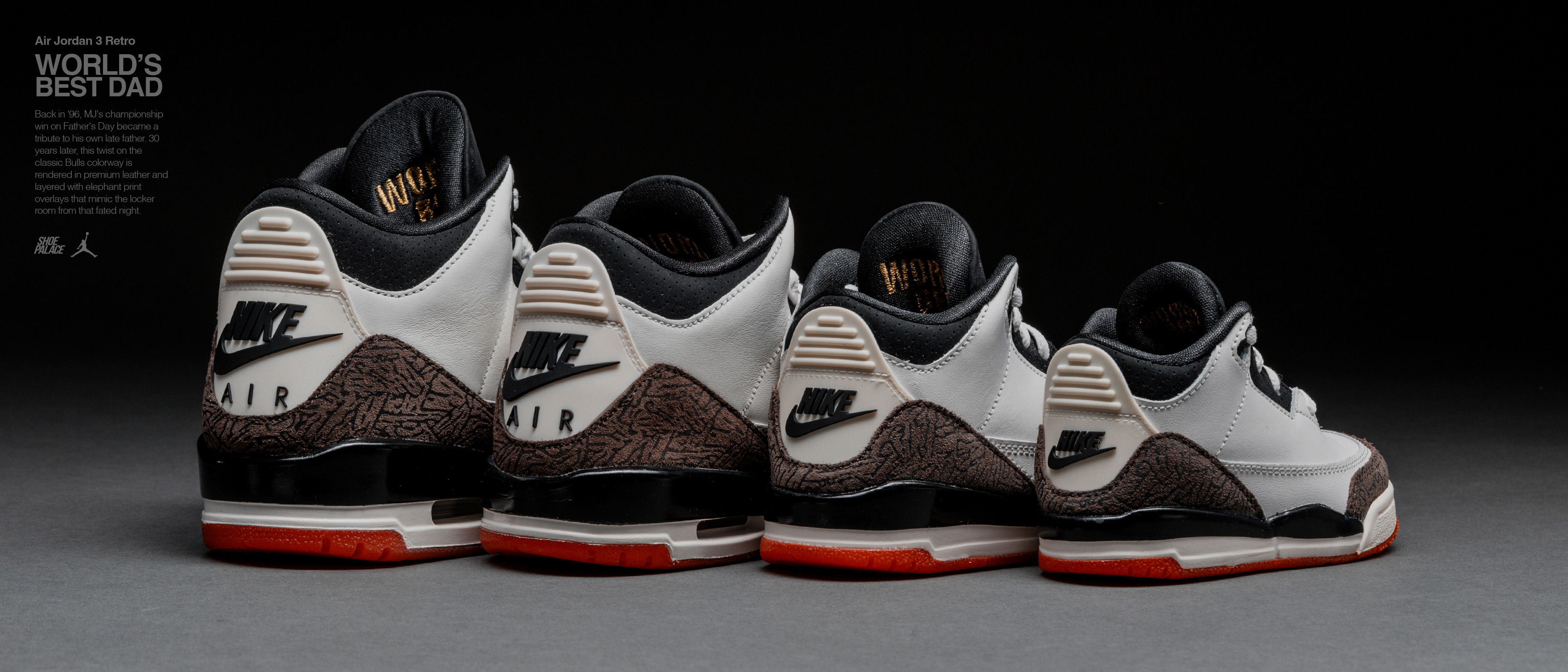 Four pairs of sneakers displayed from the back on a dark background.