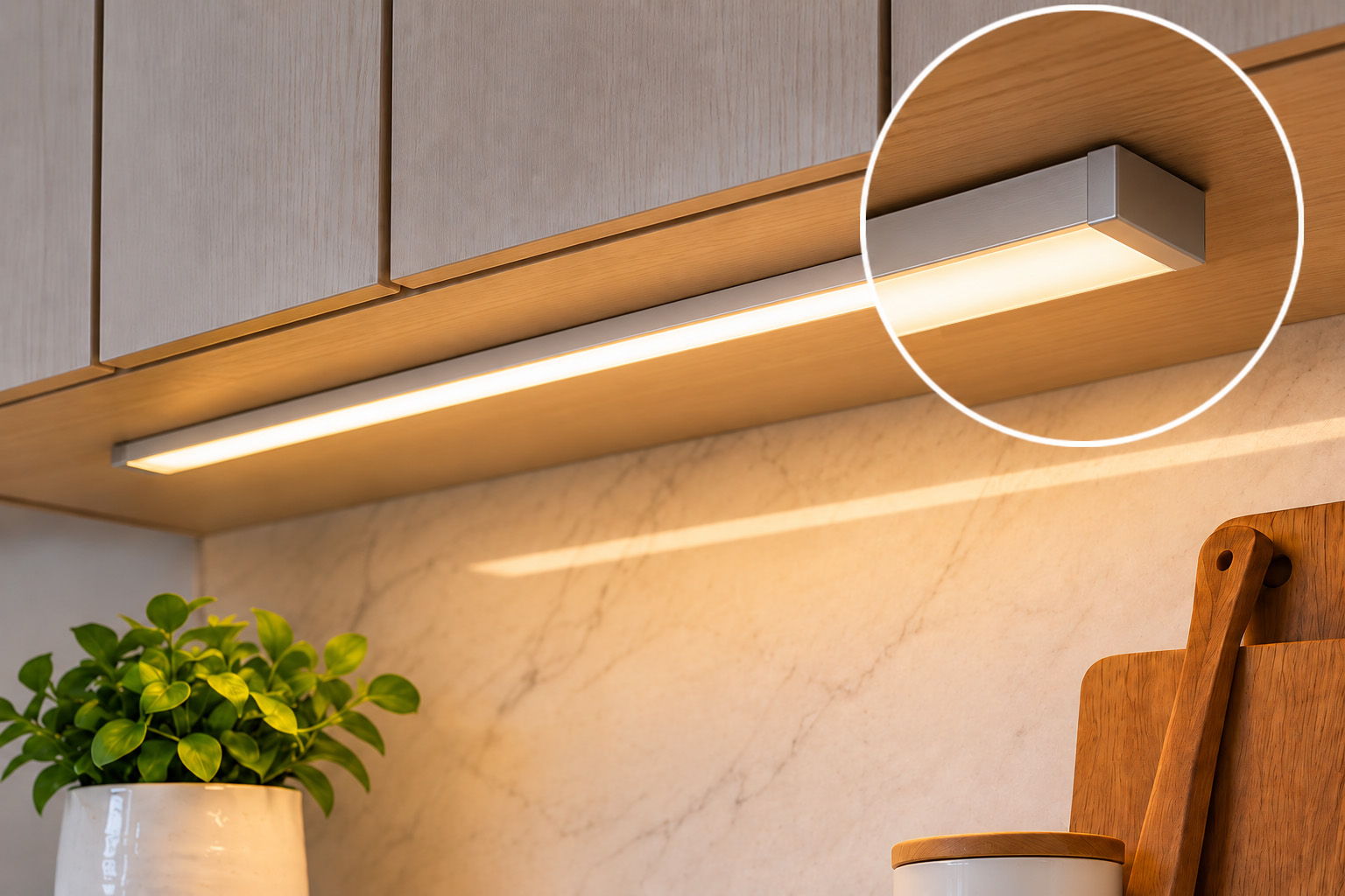 Surface-mount LED cabinet light installed under a kitchen cabinet
