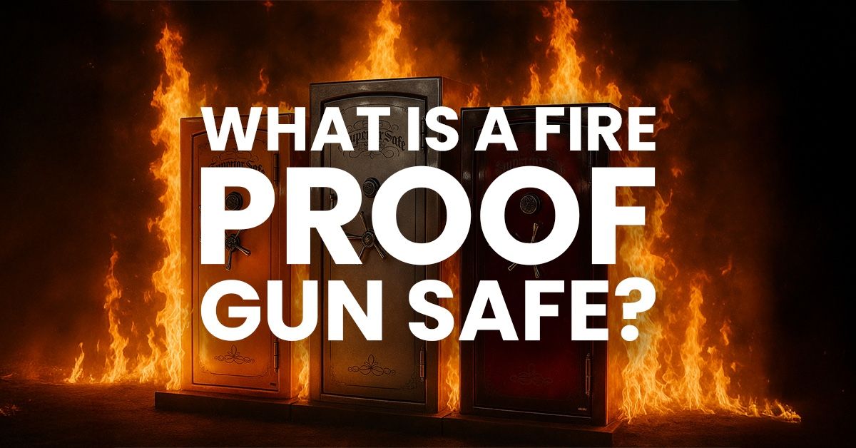 Text asking about fireproof gun safes with flames in the background.