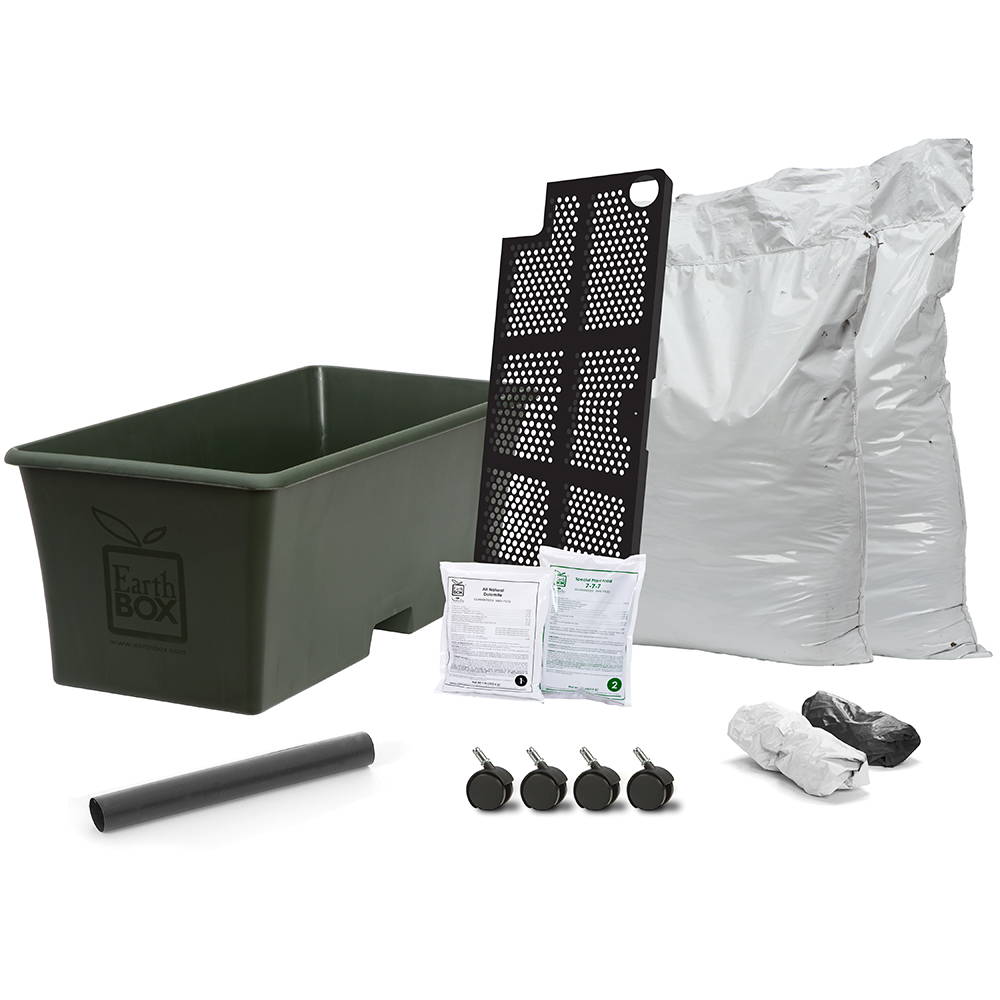 A dark green EarthBox Original gardening system which includes the container, aeration screen, water fill tube, and 2 mulch covers. Optional upgrades including caster wheels, fertilizer and dolomite (standard or organic), and growing media available