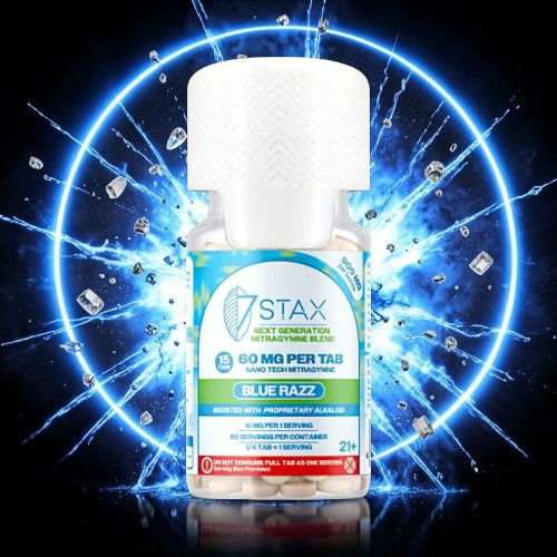 Bottle of 7STAX product with blue energy effects in the background.