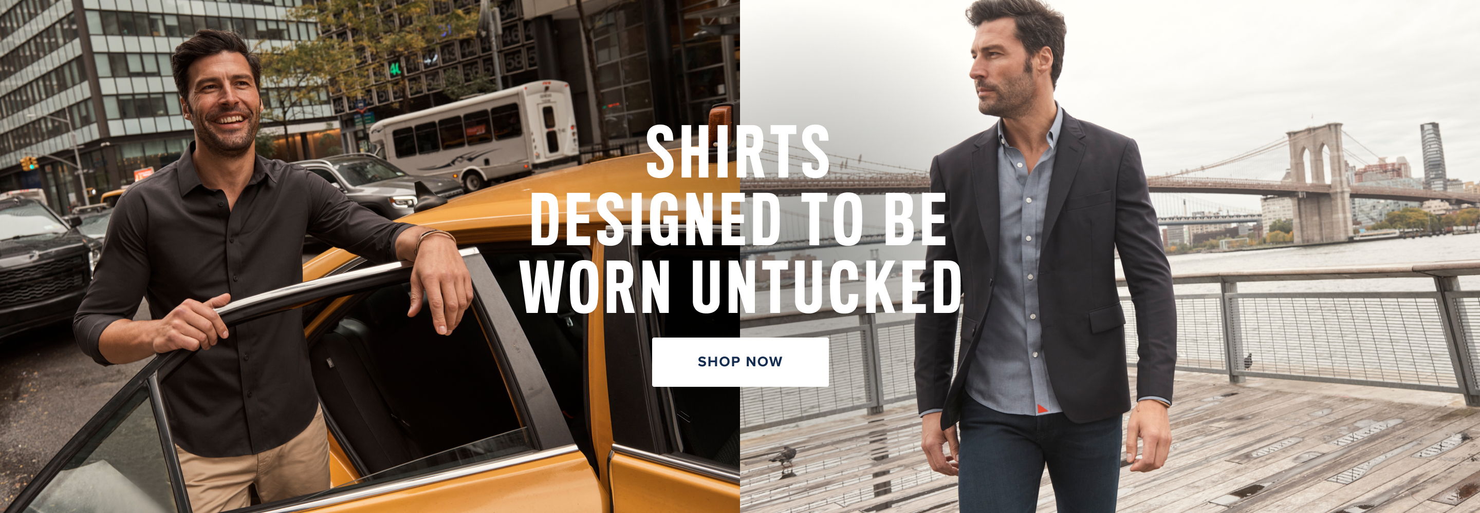 Two men wearing stylish shirts in urban settings.