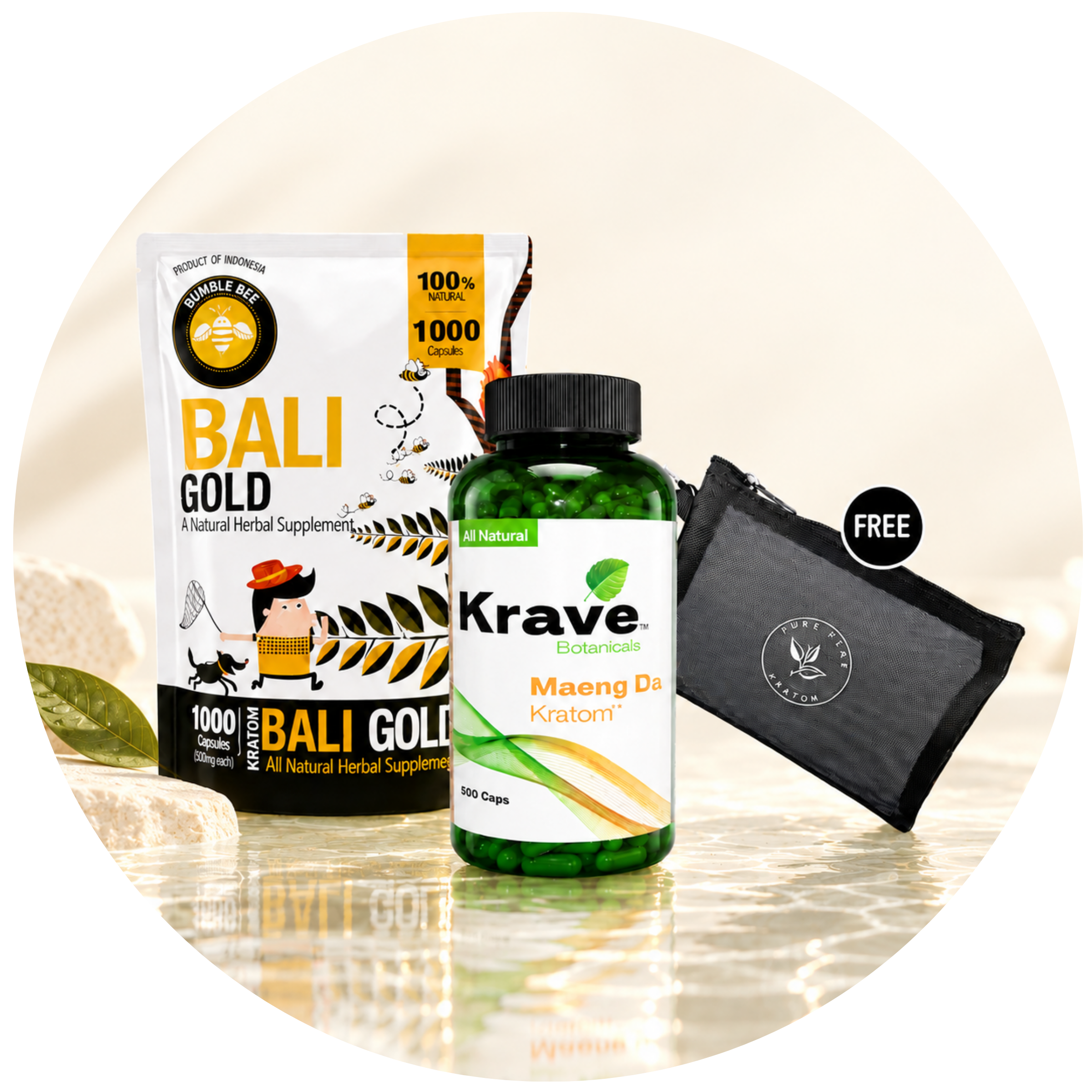 Bali Gold supplement package, Krave bottle, and a free pouch.