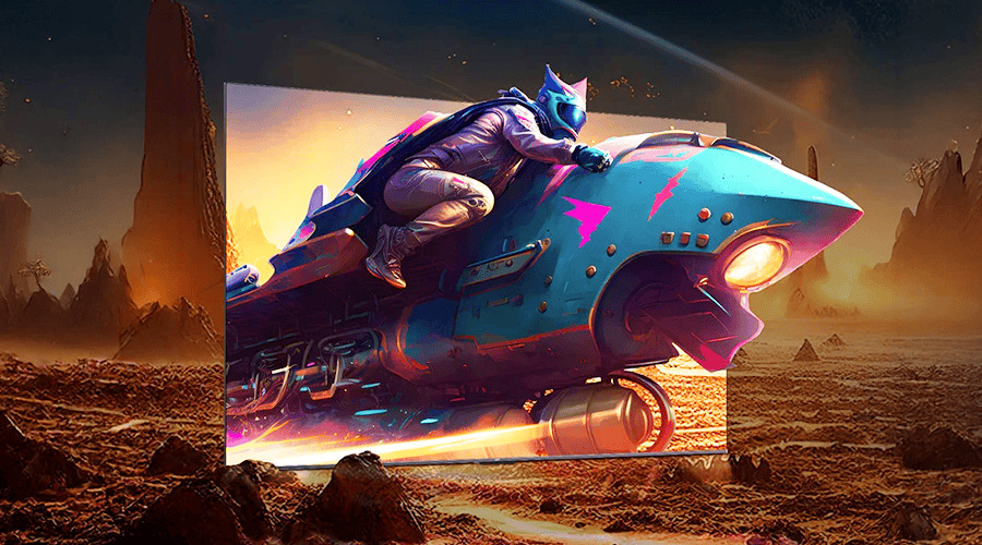 A cat-like character riding a futuristic blue motorcycle in a desert landscape.