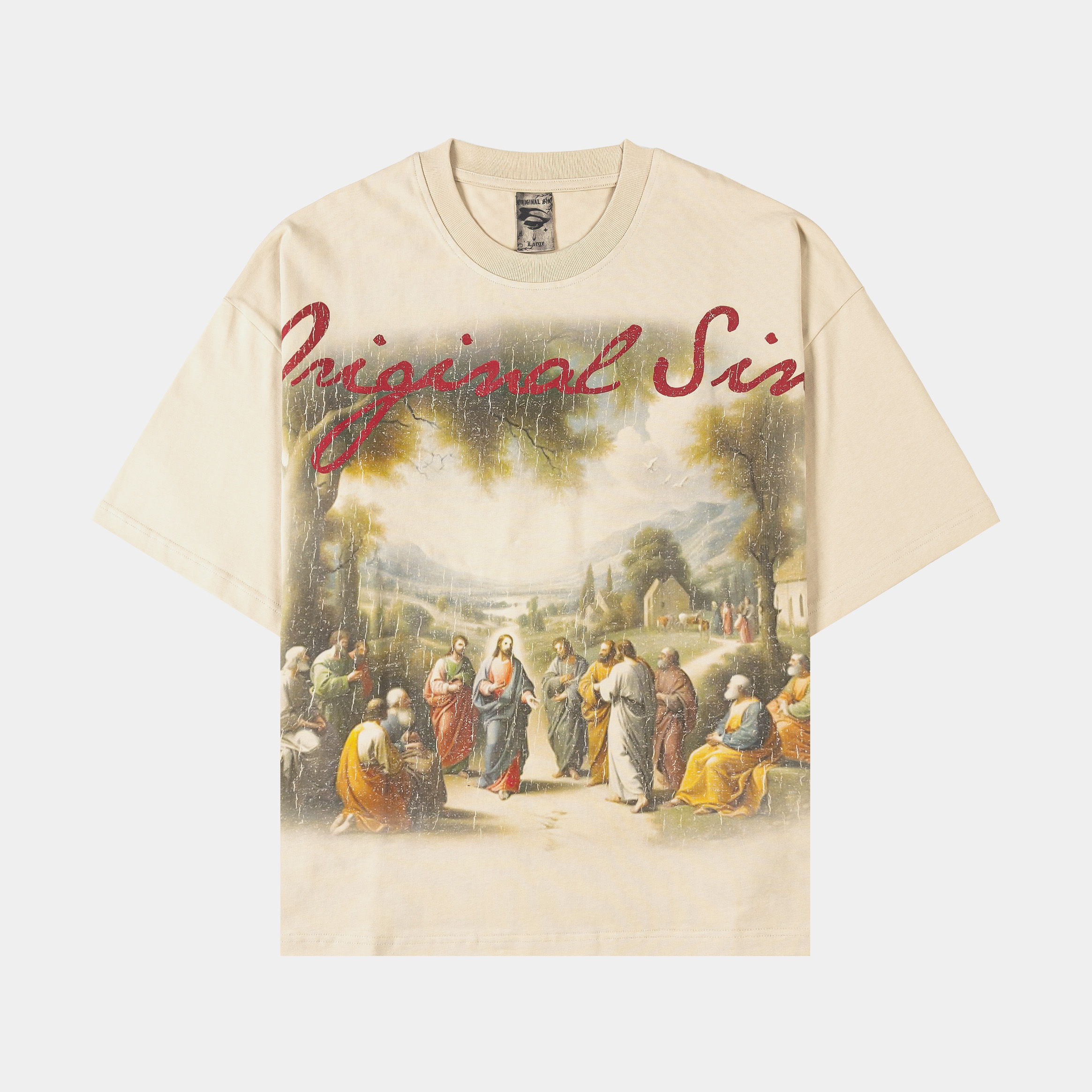 Beige t-shirt featuring a vintage painting and 