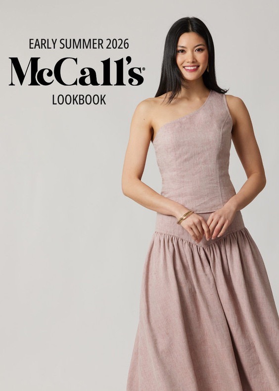 Model wearing a one-shoulder dress from McCall's Lookbook, Summer 2026.