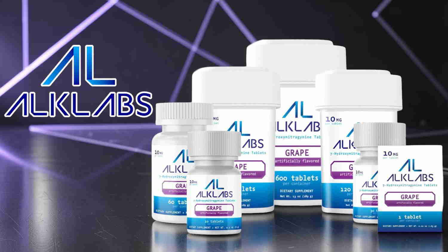 Various ALKLABS products displayed against a colorful background.