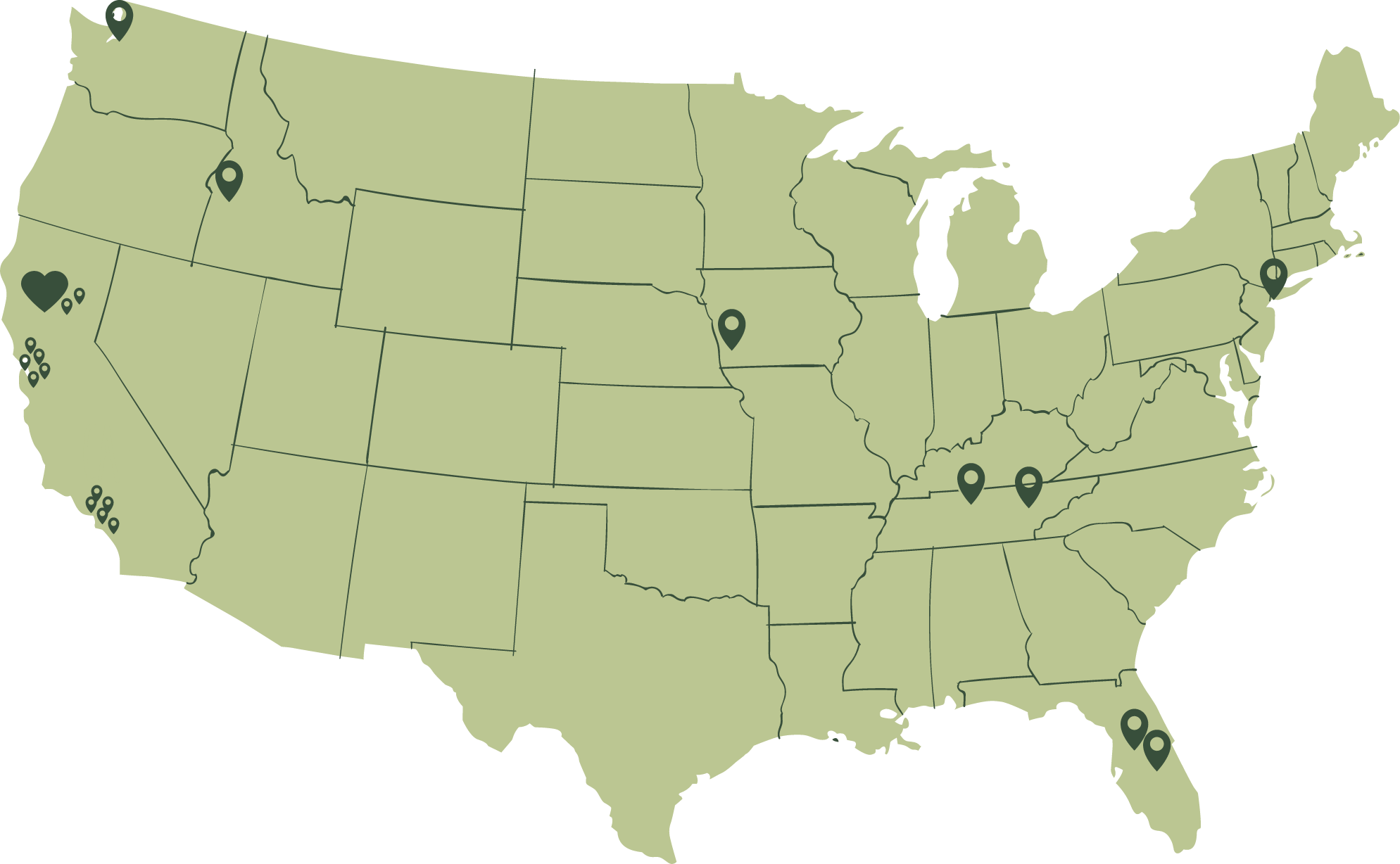 USA map of nest bedding employee locations